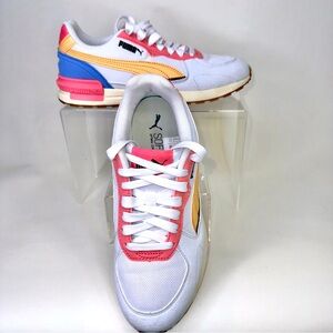 PUMA R78 Voyage Women’s Sneakers – White/Pink/Peach/Blue (Style 387067-58)